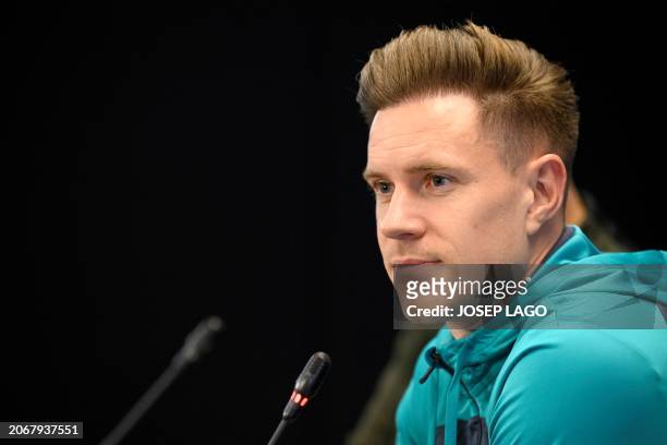Barcelona's German goalkeeper Marc-Andre ter Stegen gives a press conference on the eve of their UEFA Champions League last 16 second leg football...