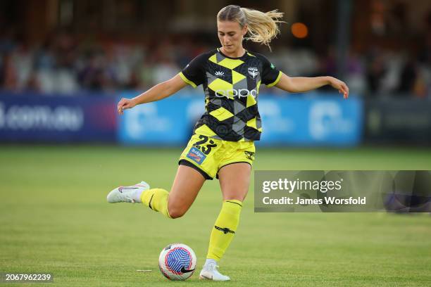 Rebecca Lake of the Phoenix passes the ball as she warm's up during the A-League Women round 19 match between Perth Glory and Wellington Phoenix at...