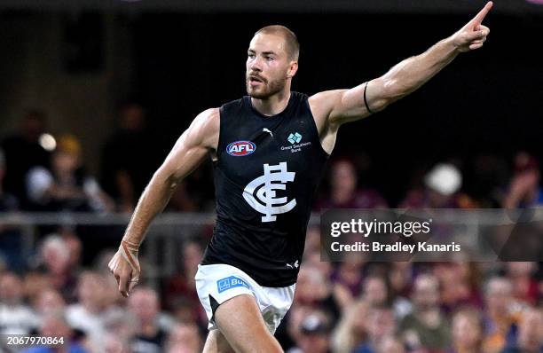 Harry McKay of the Blues celebrates kicking a goal during AFL Opening Round match between Brisbane Lions and Carlton Blues at The Gabba, on March 08...