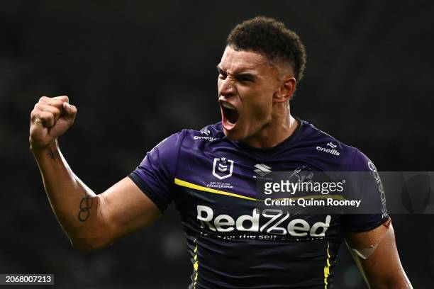 Will Warbrick of the Storm celebrates winning the round one NRL match between Melbourne Storm and Penrith Panthers at AAMI Park on March 08 in...