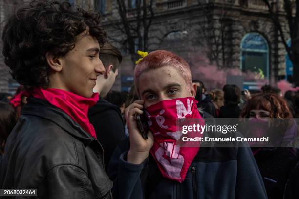 Students and feminist activists wearing a purple panuelo take part in a rally, demonstrating against Patriarchy and violence, on March 08, 2024 in...