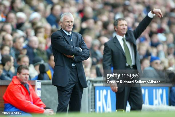 April 10: Eddie Gray Manager of Leeds United and Graeme Souness Manager of Blackburn Rovers on the side line during the Premier League match between...