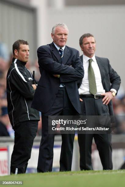 April 10: Eddie Gray Manager of Leeds United and Graeme Souness Manager of Blackburn Rovers on the side line during the Premier League match between...