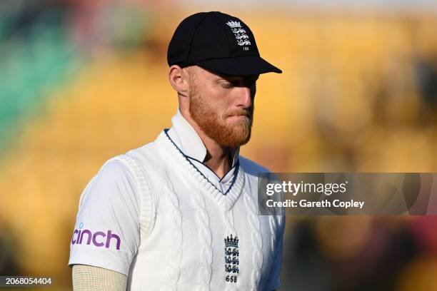 England captain Ben Stokes leaves the field at stumps on day two of the 5th Test Match between India and England at Himachal Pradesh Cricket...