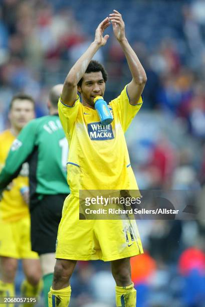 April 10: Jermaine Pennant of Leeds United celebrates after the Premier League match between Blackburn Rovers and Leeds United at Ewood Park on April...