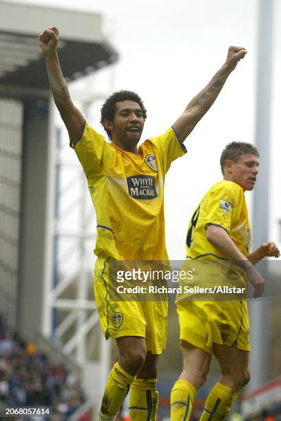 April 10: Jermaine Pennant of Leeds United celebrates during the Premier League match between Blackburn Rovers and Leeds United at Ewood Park on...