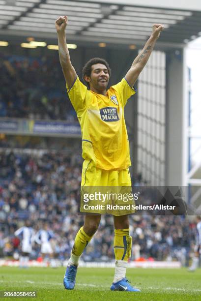 April 10: Jermaine Pennant of Leeds United celebrates during the Premier League match between Blackburn Rovers and Leeds United at Ewood Park on...