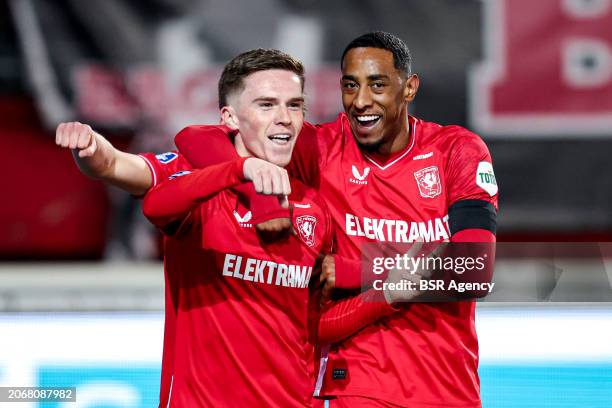 Daan Rots of FC Twente celebrates after scoring his teams first goal, Sem Steijn of FC Twente, Joshua Brenet of FC Twente during the Dutch Eredivisie...