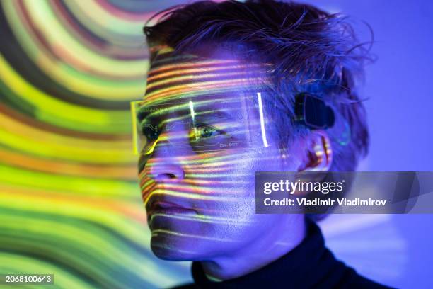 abstract metaversal close-up of a woman's face - quantum computing stock pictures, royalty-free photos & images