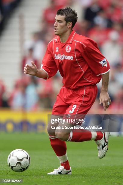 April 24: Franck Queudrue of Middlesbrough on the ball during the Premier League match between Middlesbrough and Aston Villa at Riverside Stadium on...