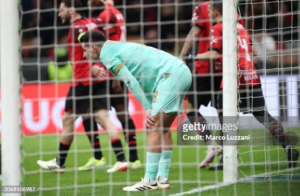 Lukas Masopust of SK Slavia Praha shows his dejection during the UEFA Europa League 2023/24 round of 16 first leg match between AC Milan and Slavia...