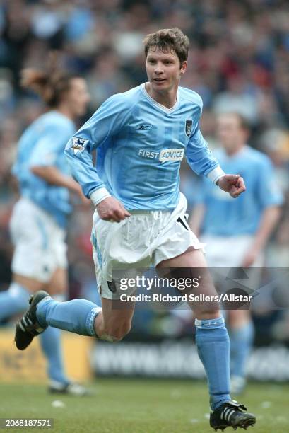 March 14: Michael Tarnat of Manchester City running during the Premier League match between Manchester City and Manchester United at Sports City on...