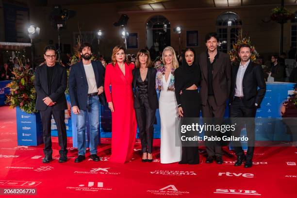 Daniel Écija, Óliver Ruano, Belinda Washington, Belén Rueda, Hiba Abouk and Andrés Velencoso attends the 'La Abadesa' premiere during the Malaga Film...