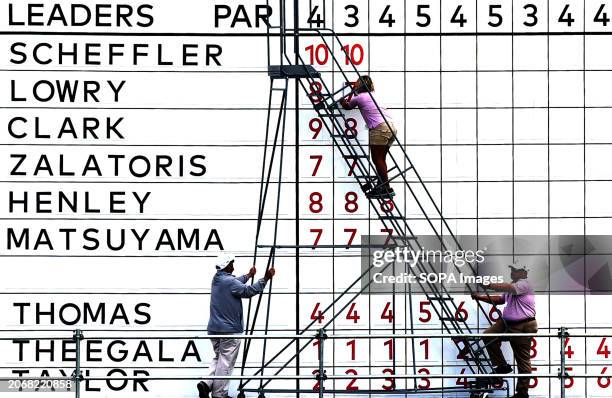 Workers update the leaderboard during the final round of the Arnold Palmer Invitational presented by MasterCard at the Arnold Palmer Bay Hill Golf...