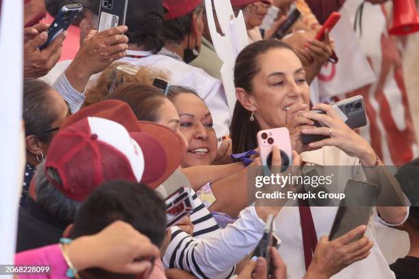 March 8 Teoloyucan, Mexico: Claudia Sheinbaum, candidate for the Presidency of Mexico for the 'Let's Make History' coalition, take a selfie during a...