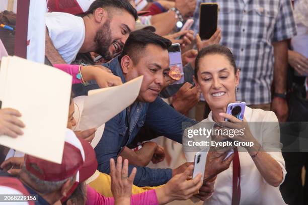 March 8 Teoloyucan, Mexico: Claudia Sheinbaum, candidate for the Presidency of Mexico for the 'Let's Make History' coalition, take a selfie during a...