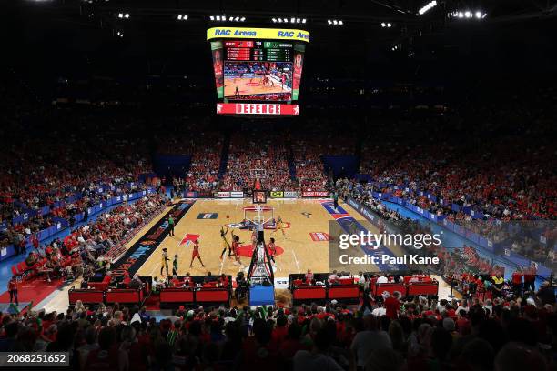 General view of play during game one of the NBL Semifinal series between Perth Wildcats and Tasmania Jackjumpers at RAC Arena, on March 08 in Perth,...