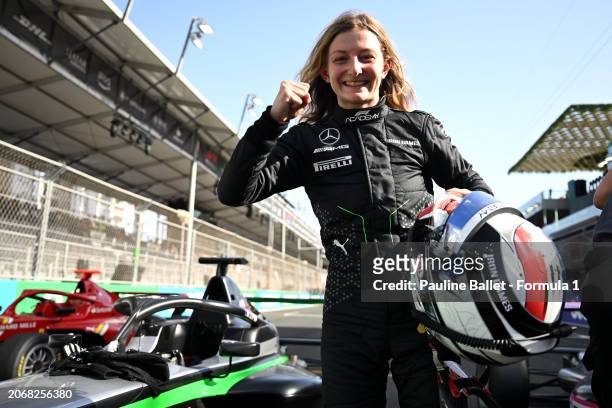 Race winner Doriane Pin of France and PREMA Racing celebrates in parc ferme during Round 1 Jeddah race 1 of the F1 Academy at Jeddah Corniche Circuit...
