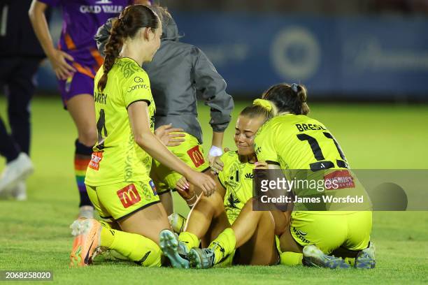 Alyssa Whinham of the Phoenix is overcome with emotion after the win during the A-League Women round 19 match between Perth Glory and Wellington...