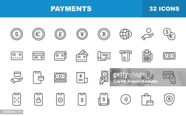 symbole für zahlungspositionen. bearbeitbarer strich. enthält symbole wie bitcoin, währung, kreditkarte, wireless, geld, finanzen, scheck, geldautomat, bargeld, geldbörse, bezahlen, einkaufen, rückerstattung, e-commerce. - kontaktlos bezahlen stock-grafiken, -clipart, -cartoons und -symbole