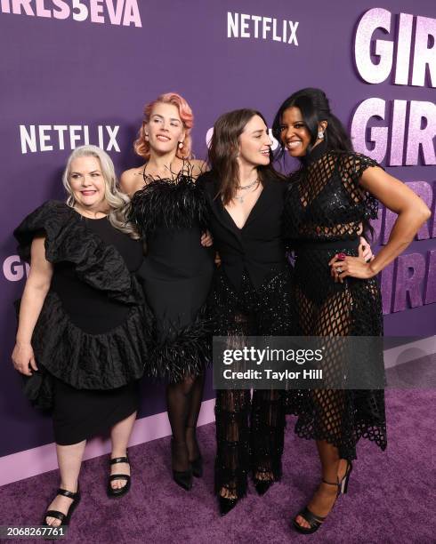 Paula Pell, Busy Philipps, Sara Bareilles, and Renee Elise Goldsberry attend the Netflix "Girls5eva" season premiere at Paris Theater on March 07,...