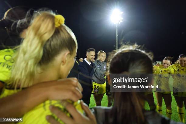 Paul Temple Head Coach of the Phoenix talks to the players after the win during the A-League Women round 19 match between Perth Glory and Wellington...