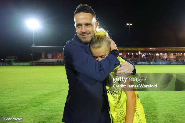 Paul Temple Head Coach of the Phoenix hugs Alyssa Whinham of the Phoenix after the win during the A-League Women round 19 match between Perth Glory...