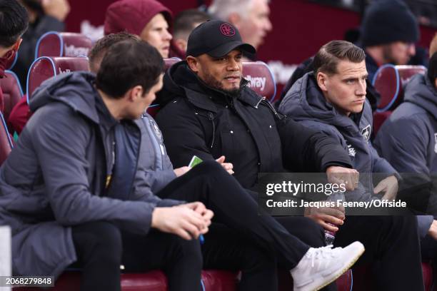 Burnley manager Vincent Kompany during the Premier League match between West Ham United and Burnley FC at London Stadium on March 10, 2024 in London,...