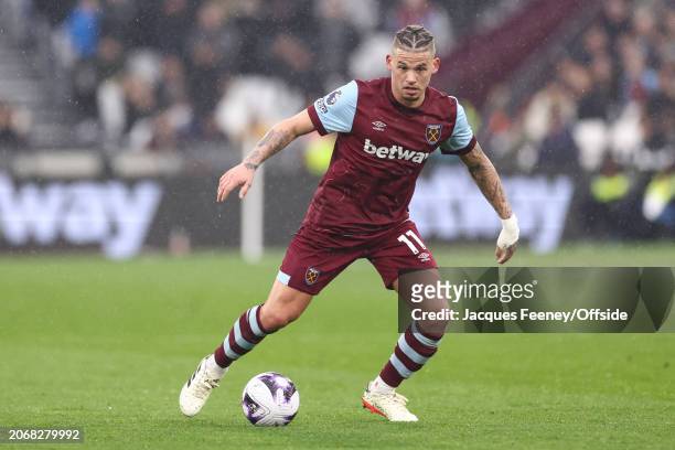 Kalvin Phillips of West Ham United during the Premier League match between West Ham United and Burnley FC at London Stadium on March 10, 2024 in...