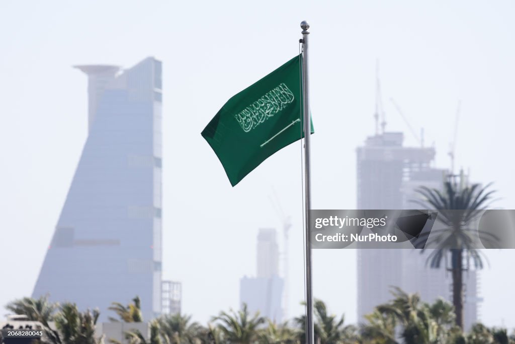 Saudi Racing Flags Flag of Saudi Arabia before first practice ahead of the Formula 1 ...