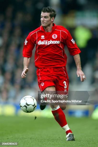 March 27: Franck Queudrue of Middlesbrough on the ball during the Premier League match between Everton and Middlesbrough at Goodison Park on March...