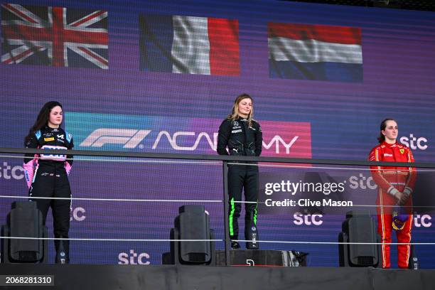 Race winner Doriane Pin of France and PREMA Racing , Second placed Abbi Pulling of Great Britain and Rodin Motorsport and Third placed Maya Weug of...