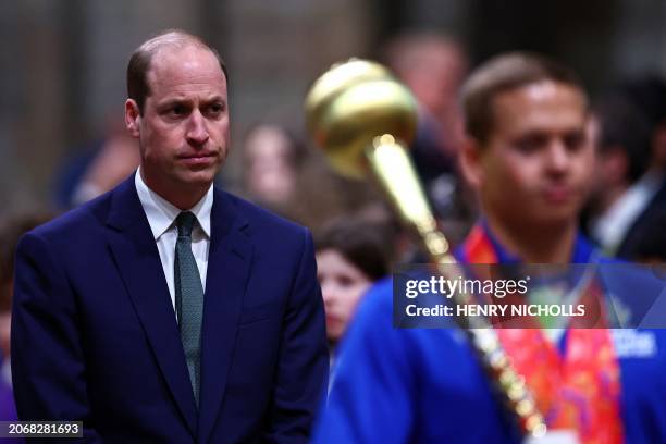 Britain's Prince William, Prince of Wales arrives for the annual Commonwealth Day service ceremony at Westminster Abbey in London, on March 11, 2024.