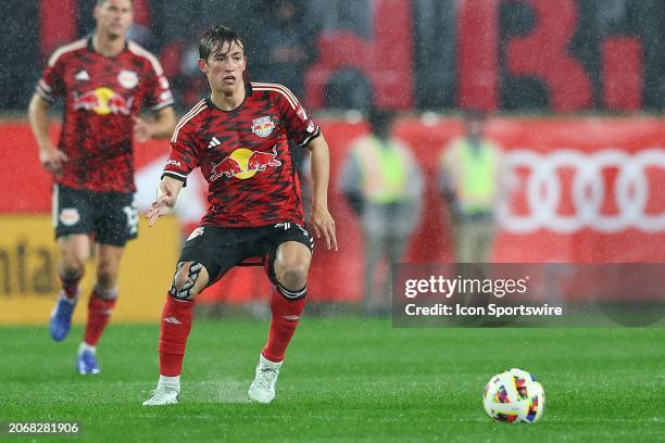 Daniel Edelman of New York Red Bulls passes the ball during the first half of the Major League Soccer game against FC Dallas on March 9, 2024 at Red...