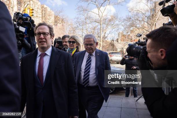 Senator Robert Menendez, a Democrat from New Jersey, center, arrives at federal court in New York, US, on Monday, March 11, 2024. US Senator Bob...