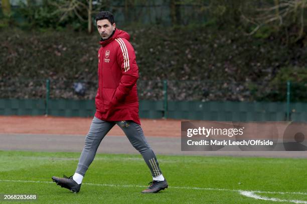 Arsenal manager Mikel Arteta during Arsenal FC training session ahead of their Champions League match against FC Porto at Sobha Realty Training...