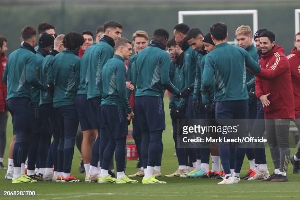 Arsenal manager Mikel Arteta with his squad during Arsenal FC training session ahead of their Champions League match against FC Porto at Sobha Realty...