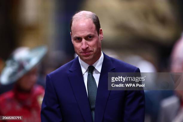 Prince William, Prince of Wales attends an annual Commonwealth Day Service at Westminster Abbey on March 11, 2024 in London, England.