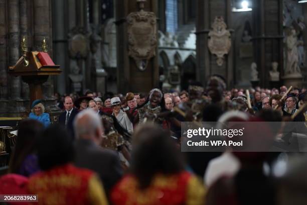 Britain's Queen Camilla and Britain's Prince William, Prince of Wales attend the 2024 Commonwealth Day Service at Westminster Abbey on March 11, 2024...