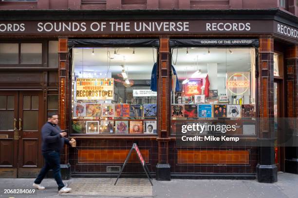 Independent record shop Sounds of the Universe record shop in Soho on 6th March 2024 in London, United Kingdom. Sounds of the Universe specialises in...
