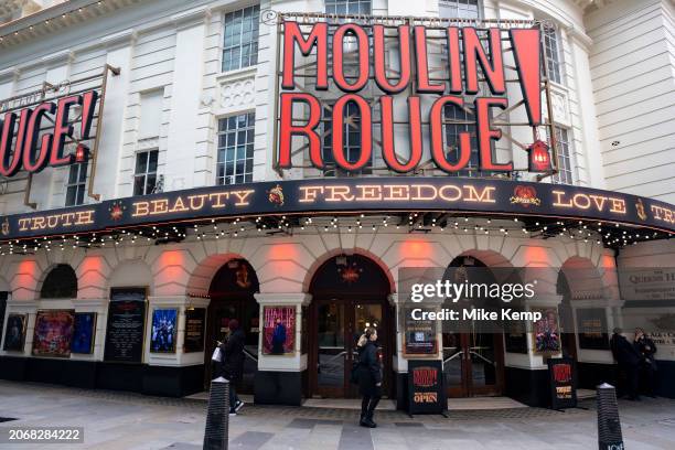 West End theatre show text for Moulin Rouge the Musical at the Piccadilly Theatre at the heart of London's Theatreland on 6th March 2024 in London,...