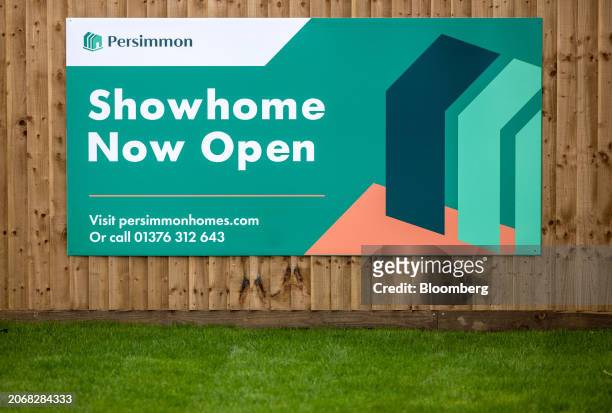Sign for the showhome at the entrance to a Persimmon Plc residential property construction site in Braintree, UK, on Monday, March 11, 2024....