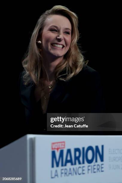 Marion Marechal of 'Reconquete' party speaks during a meeting to launch the campaign for the European Elections next june at Le Dome, Palais des...