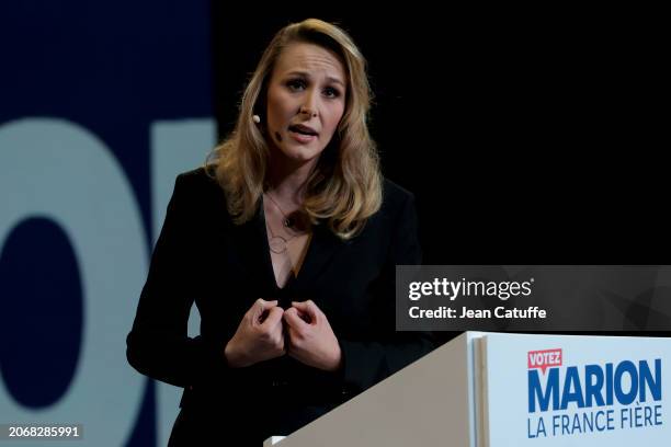 Marion Marechal of 'Reconquete' party speaks during a meeting to launch the campaign for the European Elections next june at Le Dome, Palais des...