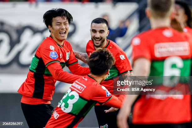 Rober Gonzalez of NEC celebrates after scoring his teams second goal, Koki Ogawa of NEC, Kodai Sano of NEC during the Dutch Eredivisie match between...