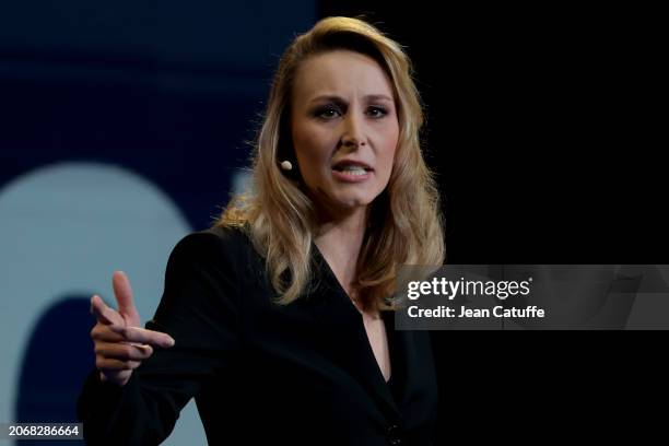 Marion Marechal of 'Reconquete' party speaks during a meeting to launch the campaign for the European Elections next june at Le Dome, Palais des...