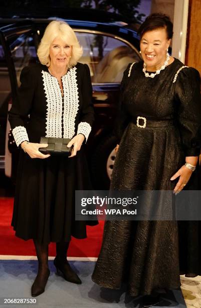 Queen Camilla and Commonwealth Secretary General, Baroness Scotland of Asthal as they arrive for a Commonwealth Day Reception at Marlborough House on...
