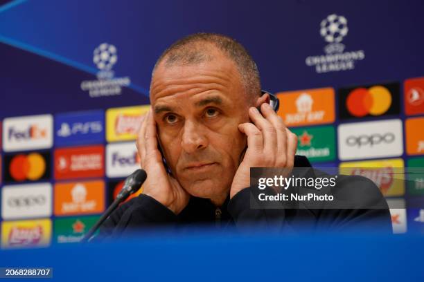Napoli's coach Francesco Calzona is speaking with journalists during a press conference on the eve of their UEFA Champions League second leg round of...