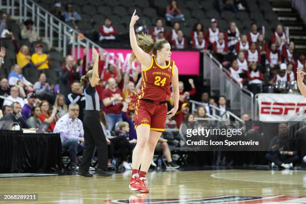 Iowa State Cyclones forward Addy Brown raises her hand after hitting a three late in the second quarter of a women's Big 12 tournament semifinal game...