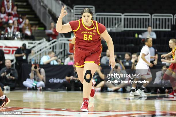 Iowa State Cyclones center Audi Crooks after making a three in the first quarter of a women's Big 12 tournament semifinal game between the Iowa State...